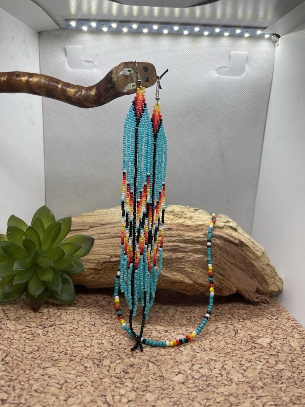TURQUOISE 7" Handmade Earrings Fun Seed Bead Necklace Set Boho Choker Beach - Picture 3 of 7